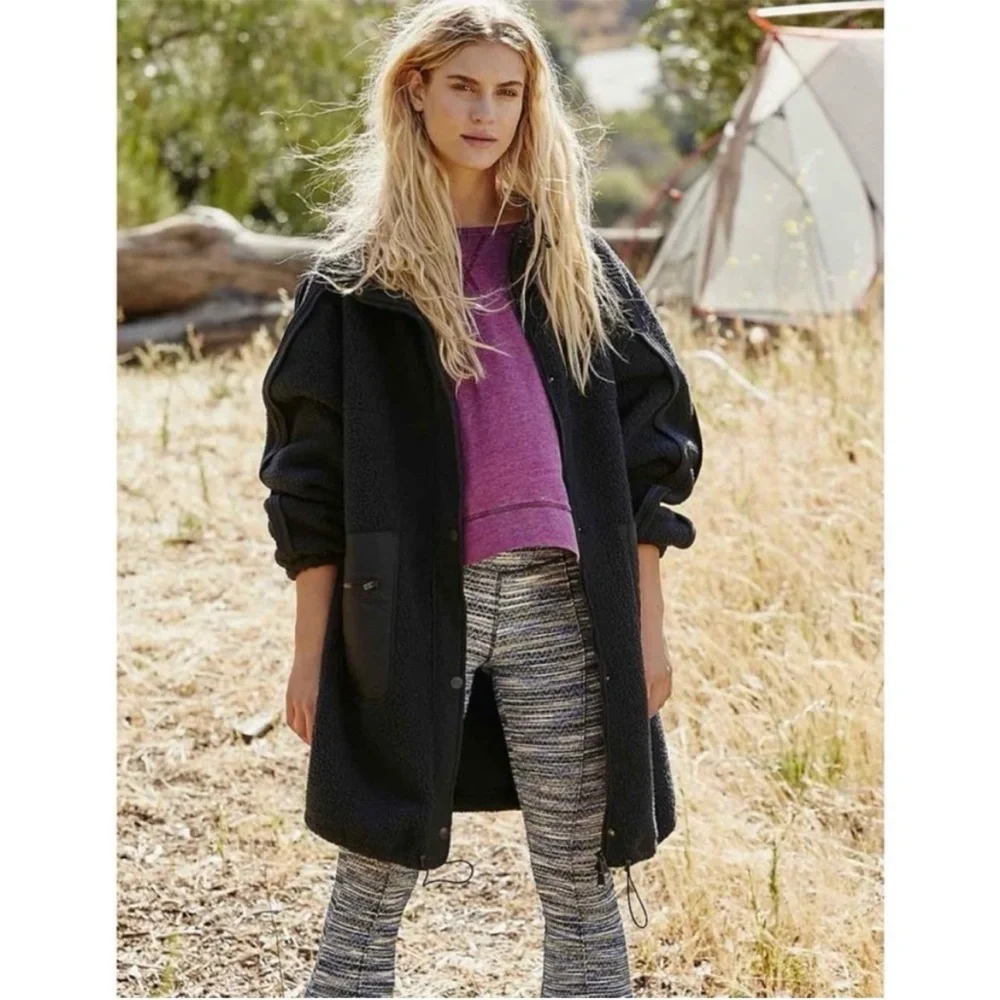 Free People Movement Glacier Long Black Snap Closure Fleece Jacket Coat M $168 - Picture 2 of 8